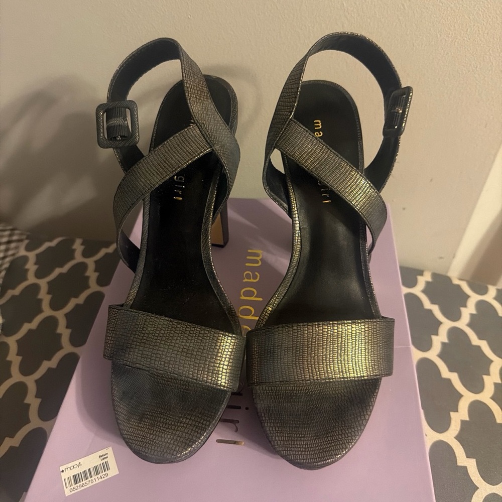 Madeline Metallic Gunmetal Crisscross Heeled Sandals